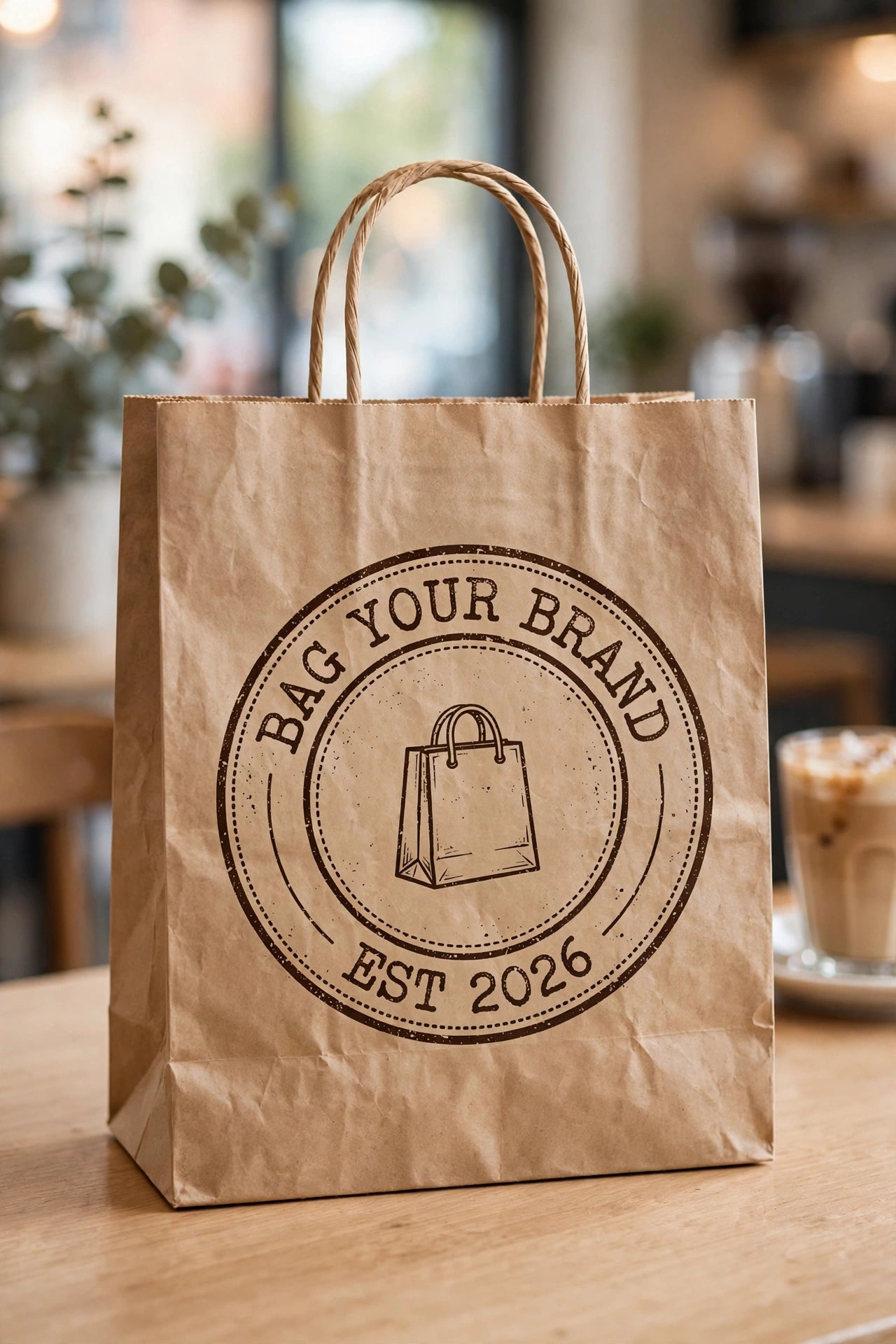 Brown kraft shopping bag with BagYourBrand EST 2026 logo on wooden table