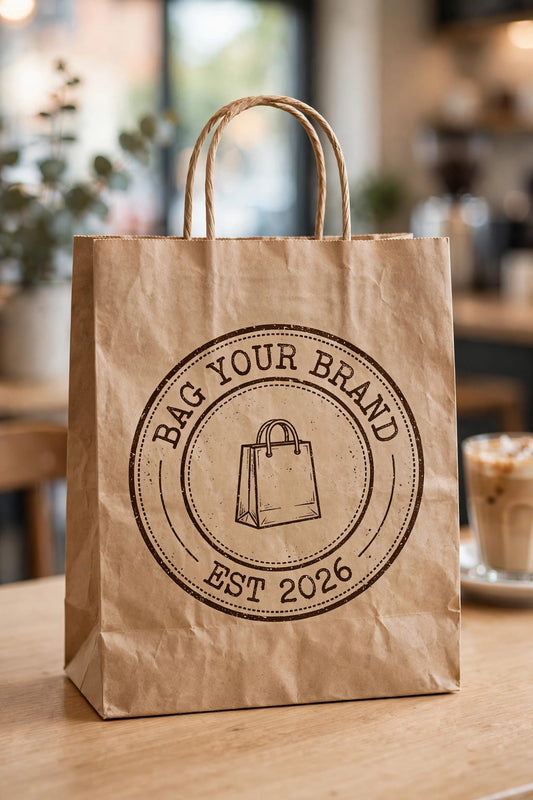 Brown kraft shopping bag with BagYourBrand EST 2026 logo on wooden table