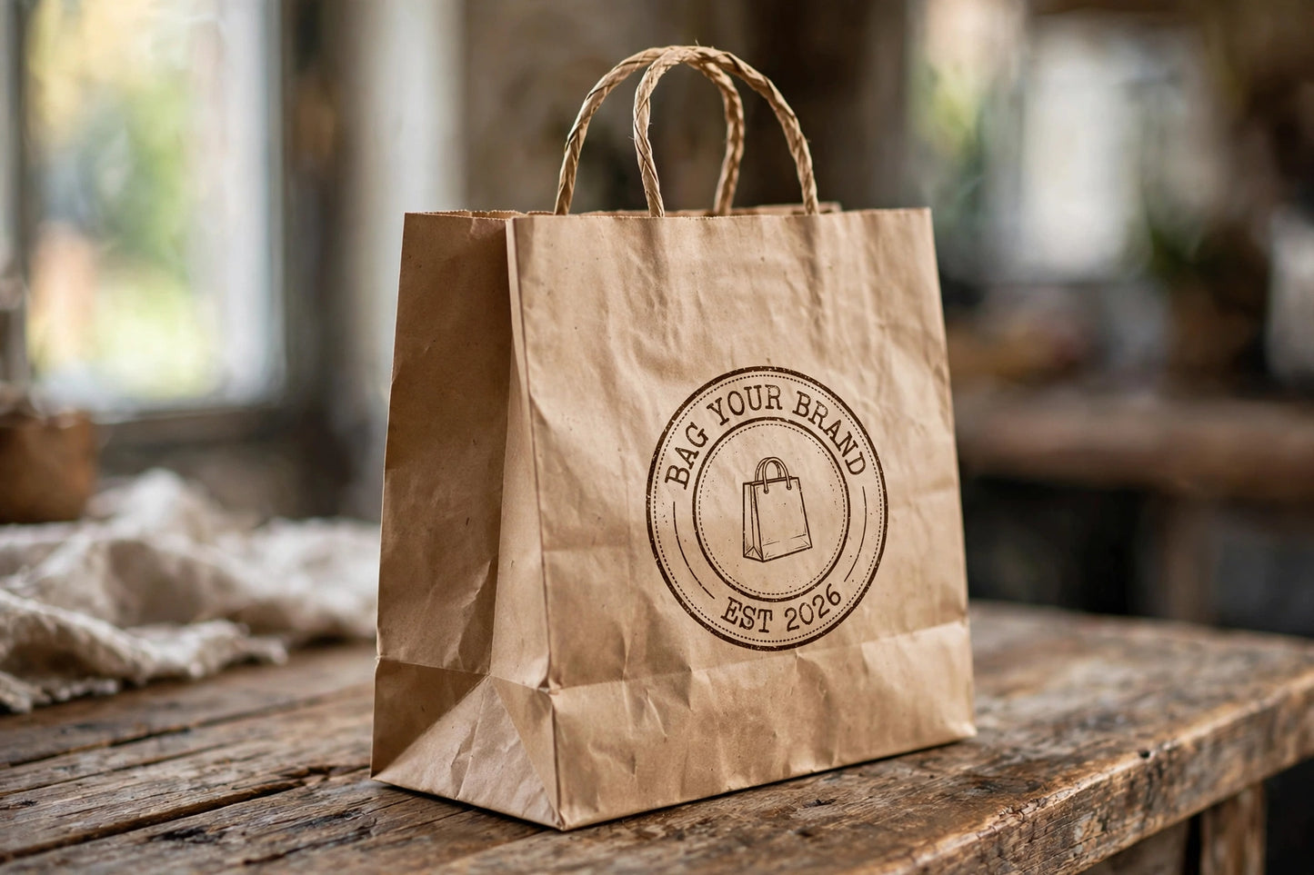 Side view of custom brown kraft bag with twisted handles