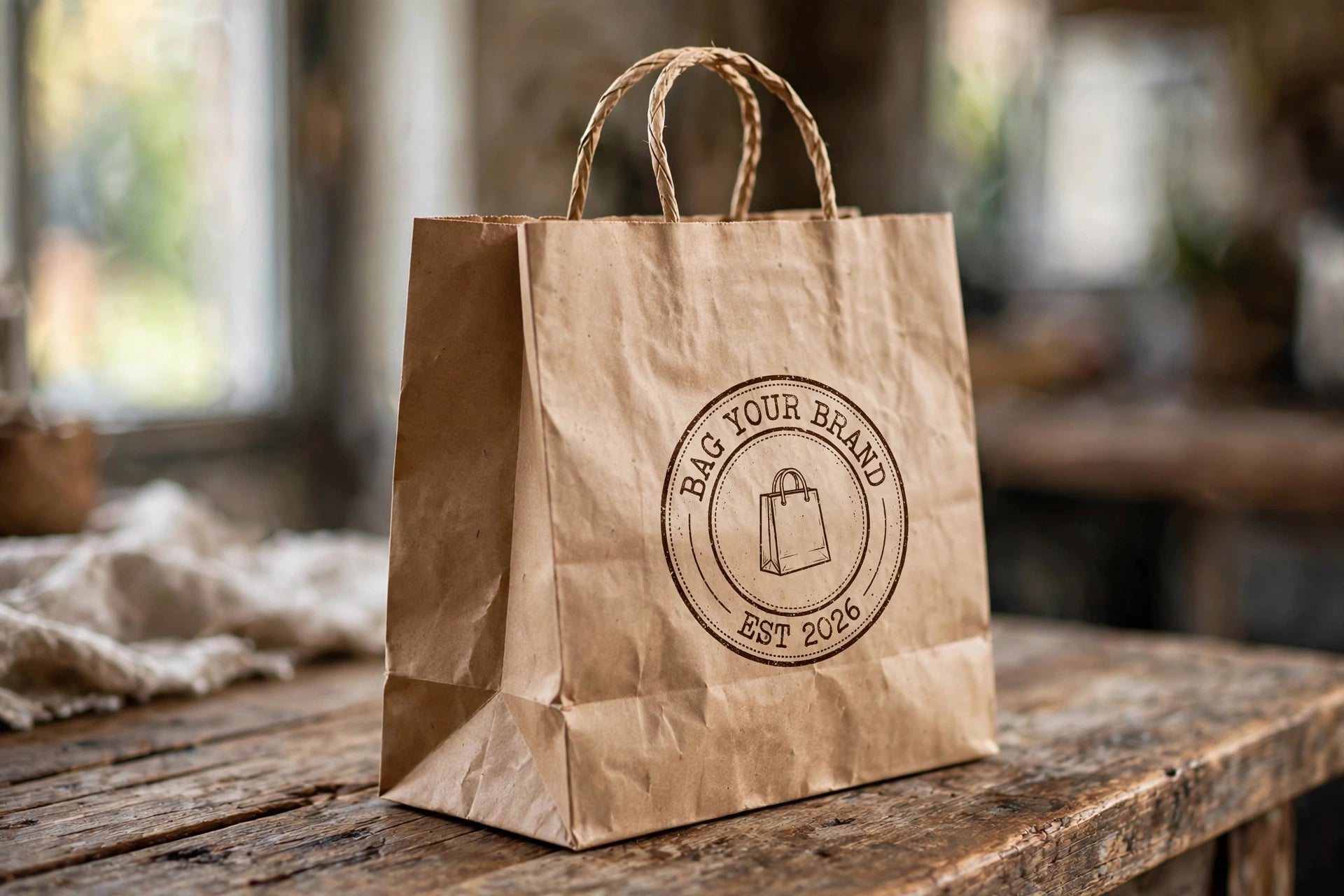 Side view of custom brown kraft bag with twisted handles