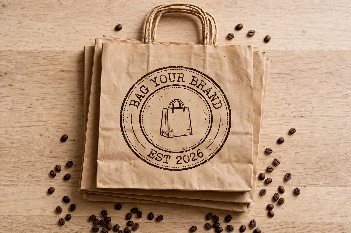 Stack of three custom printed brown kraft bags with coffee beans